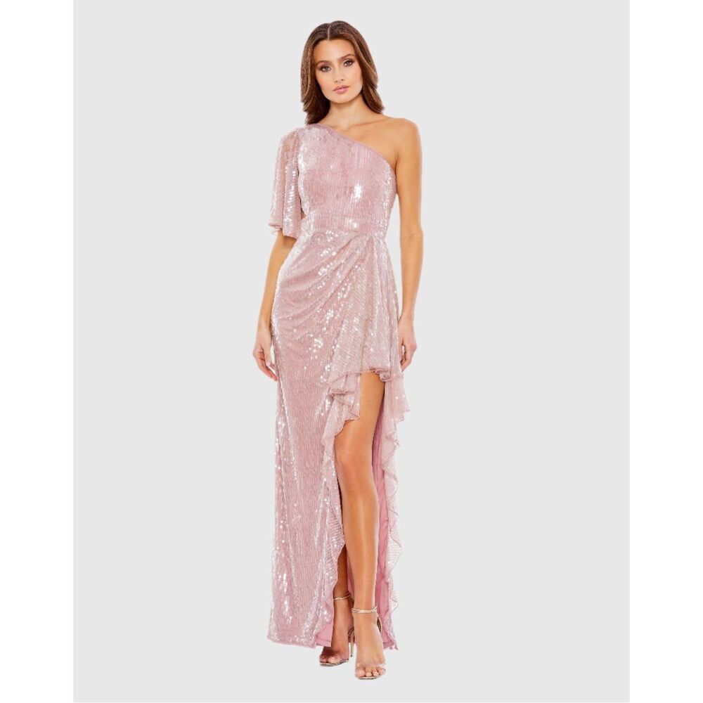 Nwt Mac Duggal Sequined Flutter Sleeve One Shoulder Draped Gown Size 0 $698